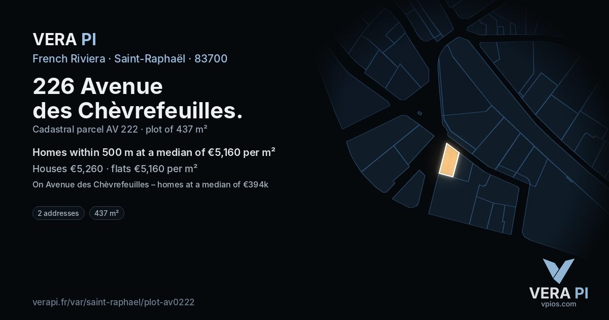 226 Avenue des Chèvrefeuilles, Saint-Raphaël at night – the plot lit, the parcels around coloured by the prices near them