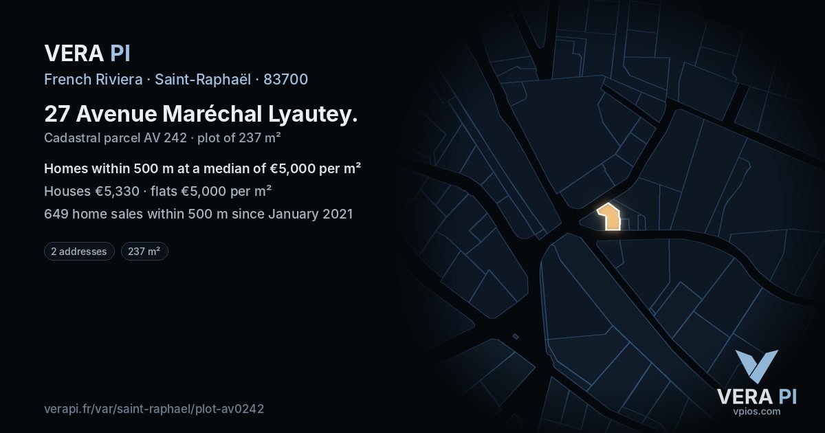 27 Avenue Maréchal Lyautey, Saint-Raphaël at night – the plot lit, the parcels around coloured by the prices near them