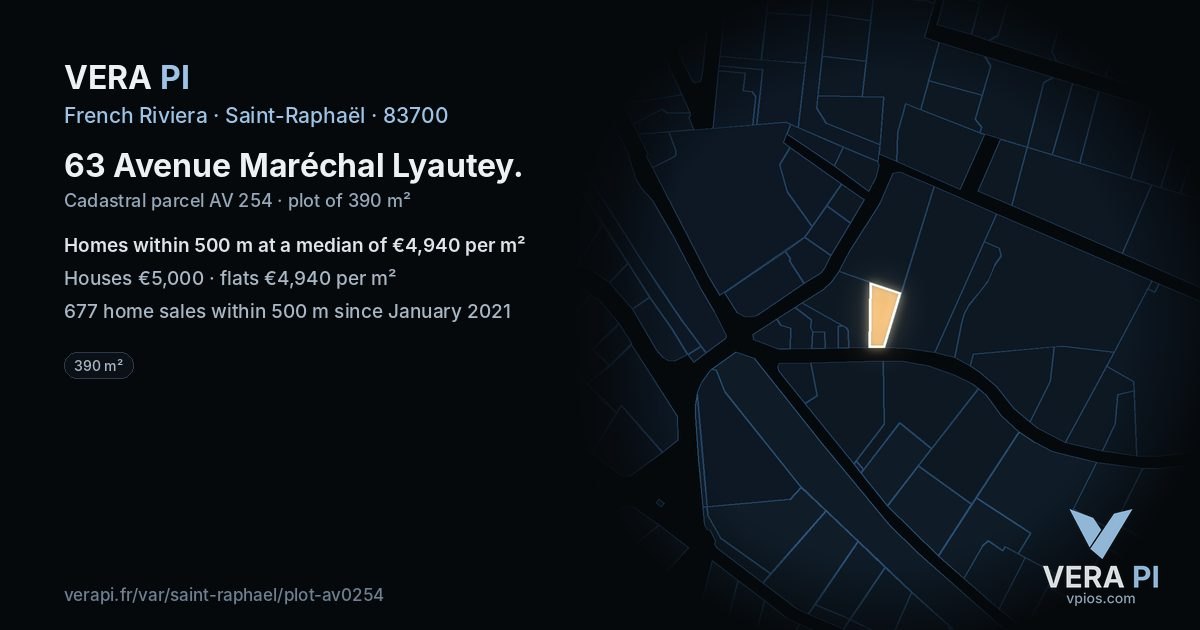 63 Avenue Maréchal Lyautey, Saint-Raphaël at night – the plot lit, the parcels around coloured by the prices near them