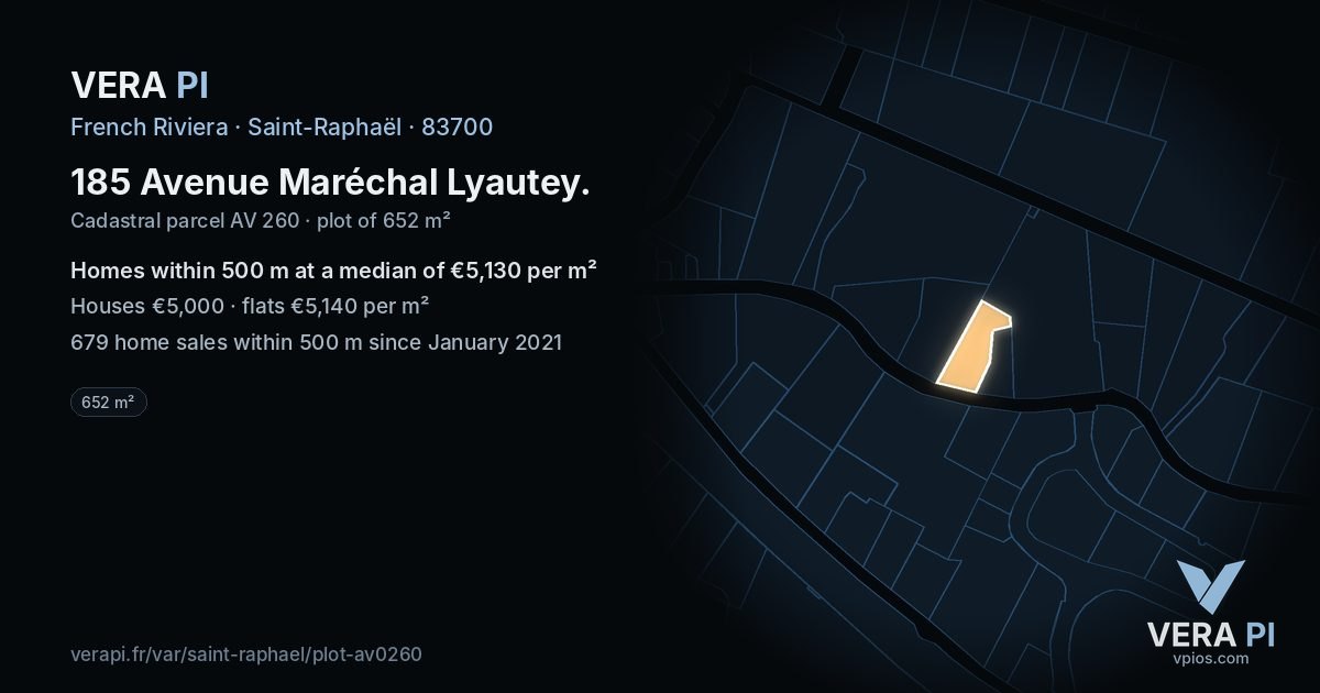 185 Avenue Maréchal Lyautey, Saint-Raphaël at night – the plot lit, the parcels around coloured by the prices near them