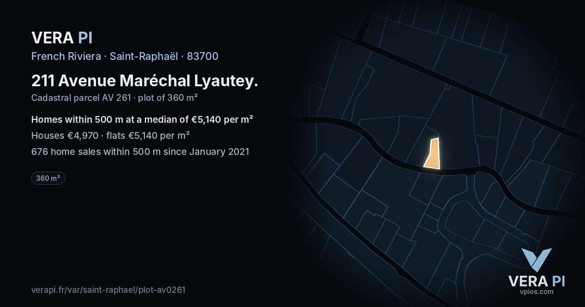 211 Avenue Maréchal Lyautey, Saint-Raphaël at night – the plot lit, the parcels around coloured by the prices near them