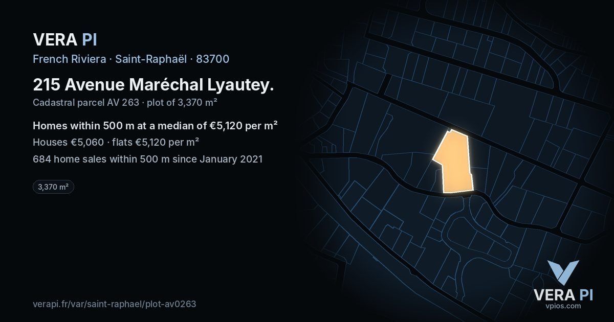 215 Avenue Maréchal Lyautey, Saint-Raphaël at night – the plot lit, the parcels around coloured by the prices near them