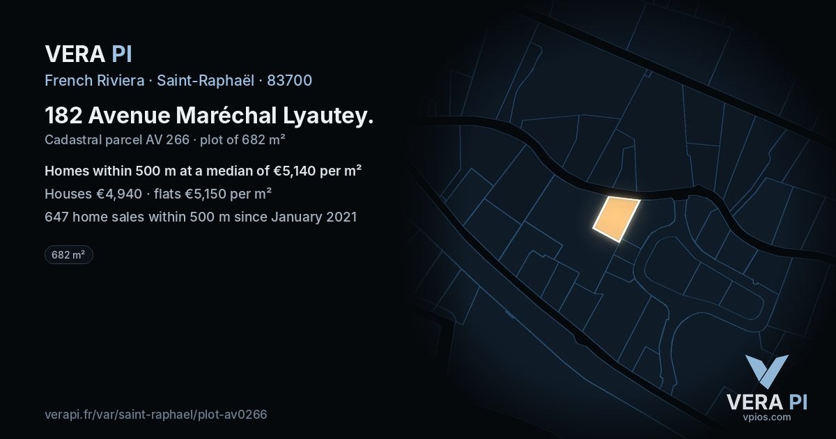 182 Avenue Maréchal Lyautey, Saint-Raphaël at night – the plot lit, the parcels around coloured by the prices near them