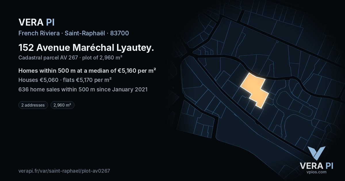 152 Avenue Maréchal Lyautey, Saint-Raphaël at night – the plot lit, the parcels around coloured by the prices near them