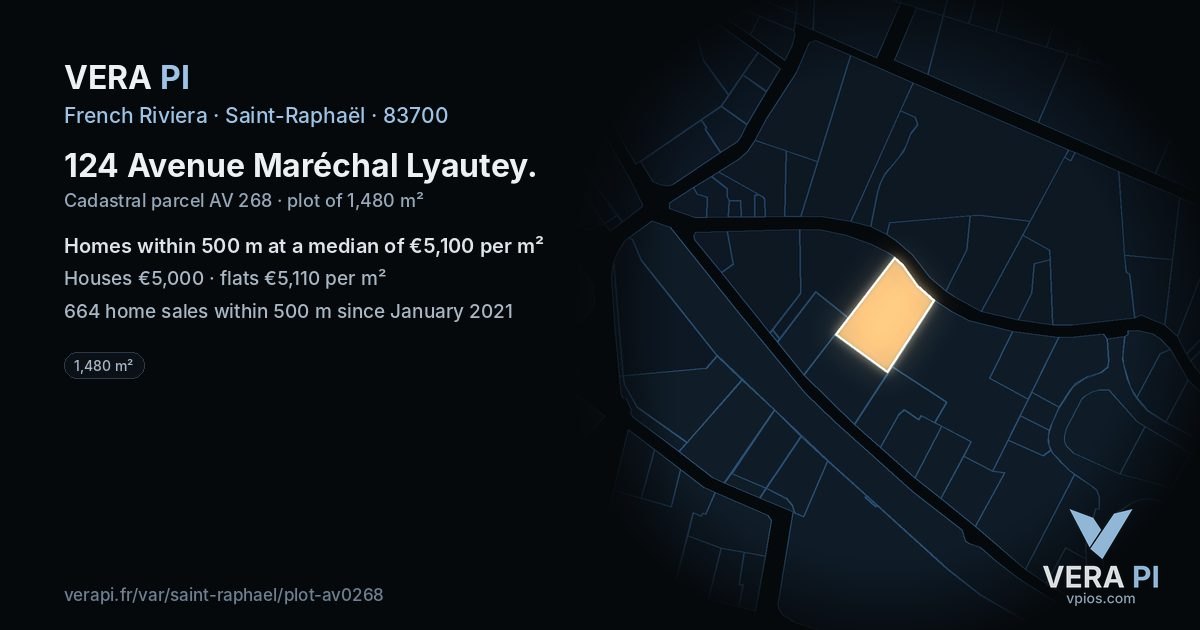 124 Avenue Maréchal Lyautey, Saint-Raphaël at night – the plot lit, the parcels around coloured by the prices near them