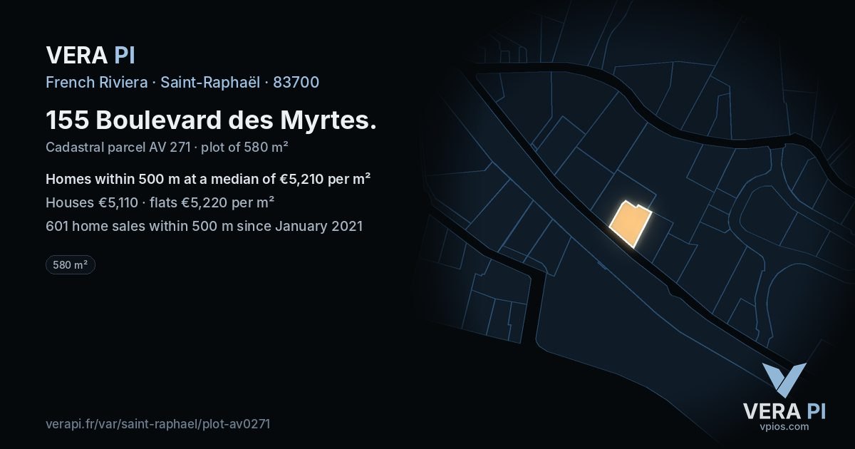 155 Boulevard des Myrtes, Saint-Raphaël at night – the plot lit, the parcels around coloured by the prices near them