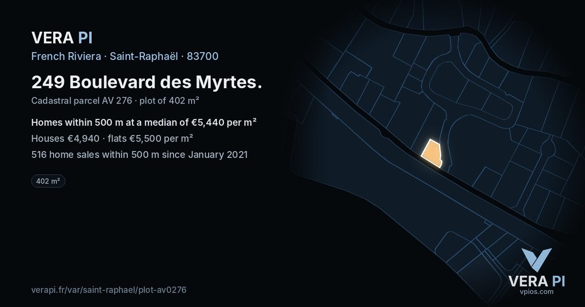 249 Boulevard des Myrtes, Saint-Raphaël at night – the plot lit, the parcels around coloured by the prices near them
