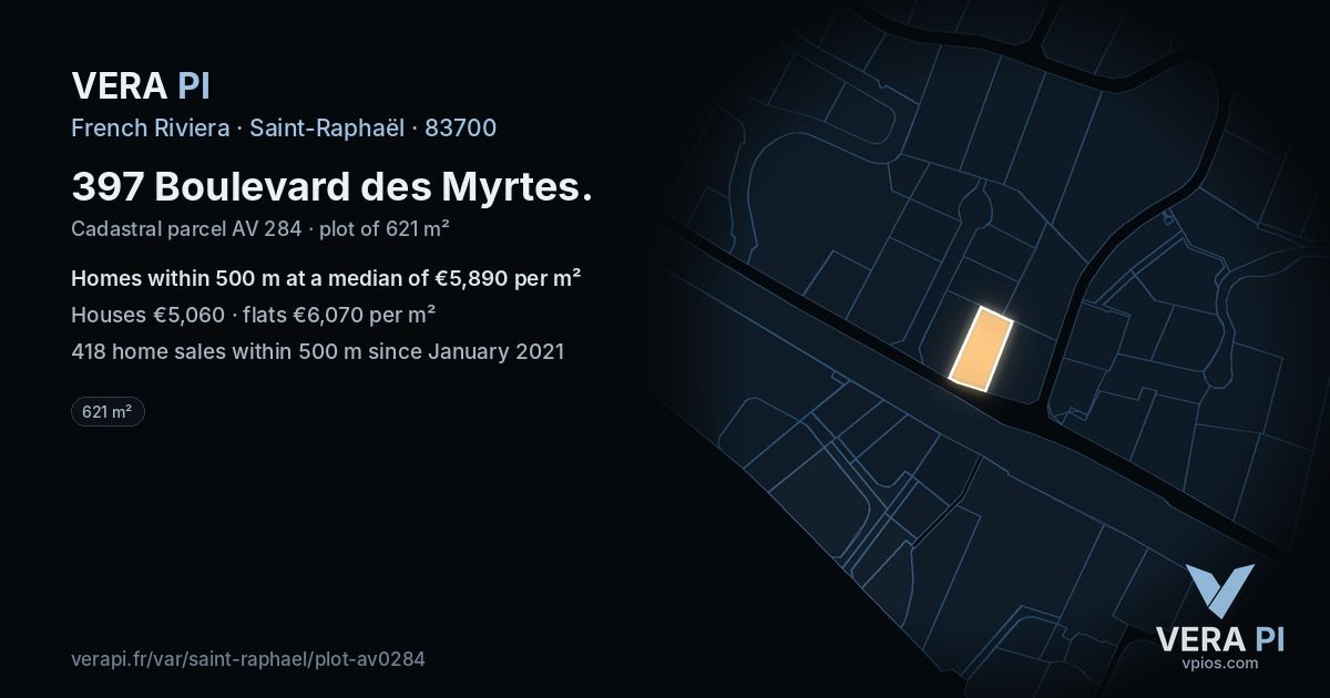397 Boulevard des Myrtes, Saint-Raphaël at night – the plot lit, the parcels around coloured by the prices near them