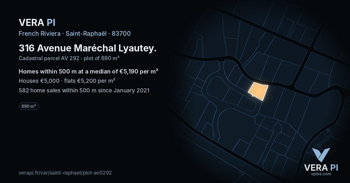 316 Avenue Maréchal Lyautey, Saint-Raphaël at night – the plot lit, the parcels around coloured by the prices near them