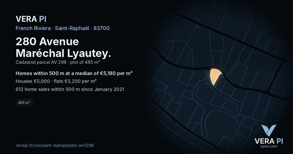 280 Avenue Maréchal Lyautey, Saint-Raphaël at night – the plot lit, the parcels around coloured by the prices near them