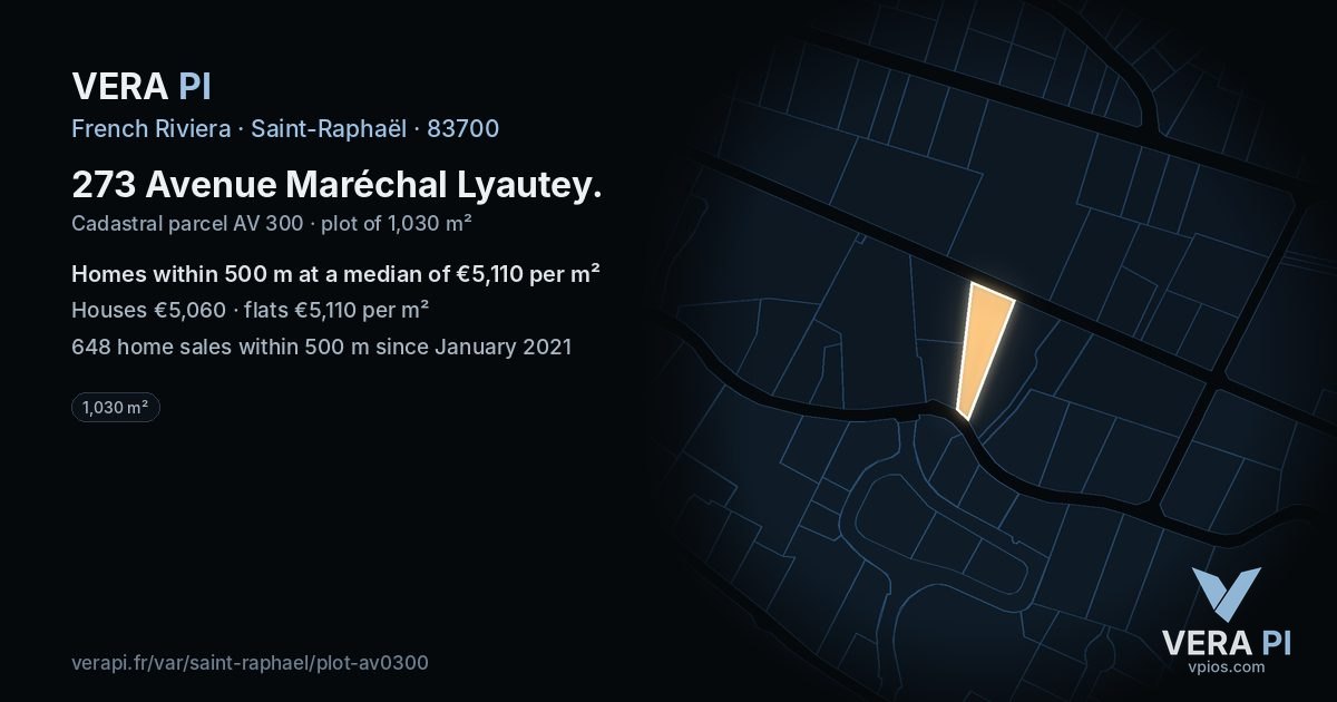 273 Avenue Maréchal Lyautey, Saint-Raphaël at night – the plot lit, the parcels around coloured by the prices near them