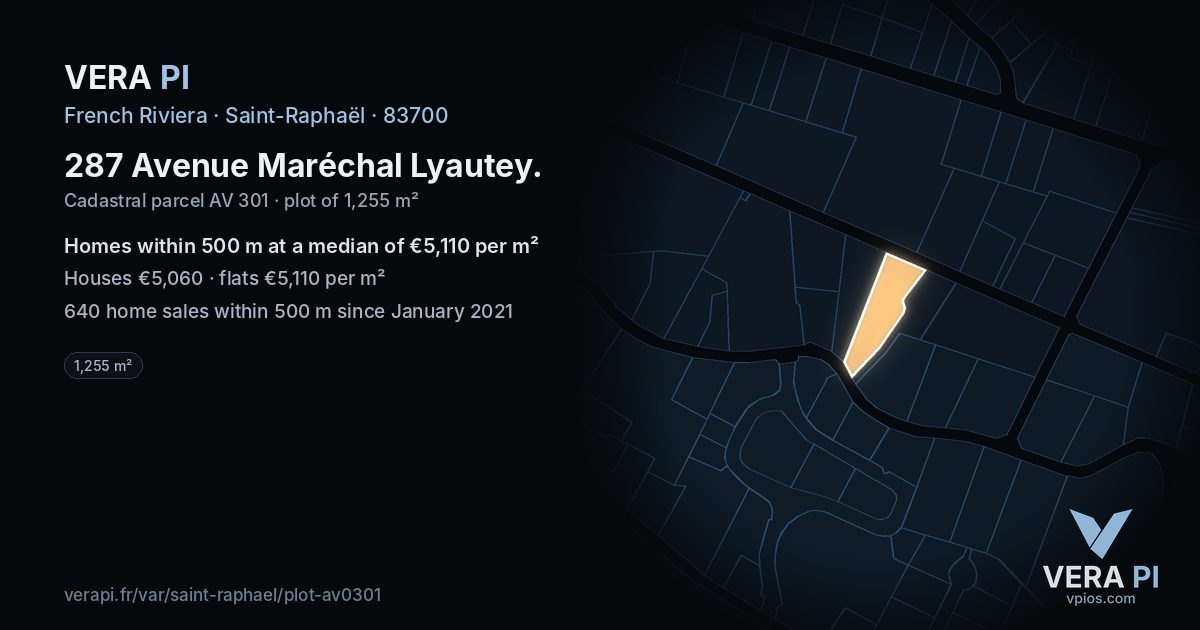 287 Avenue Maréchal Lyautey, Saint-Raphaël at night – the plot lit, the parcels around coloured by the prices near them