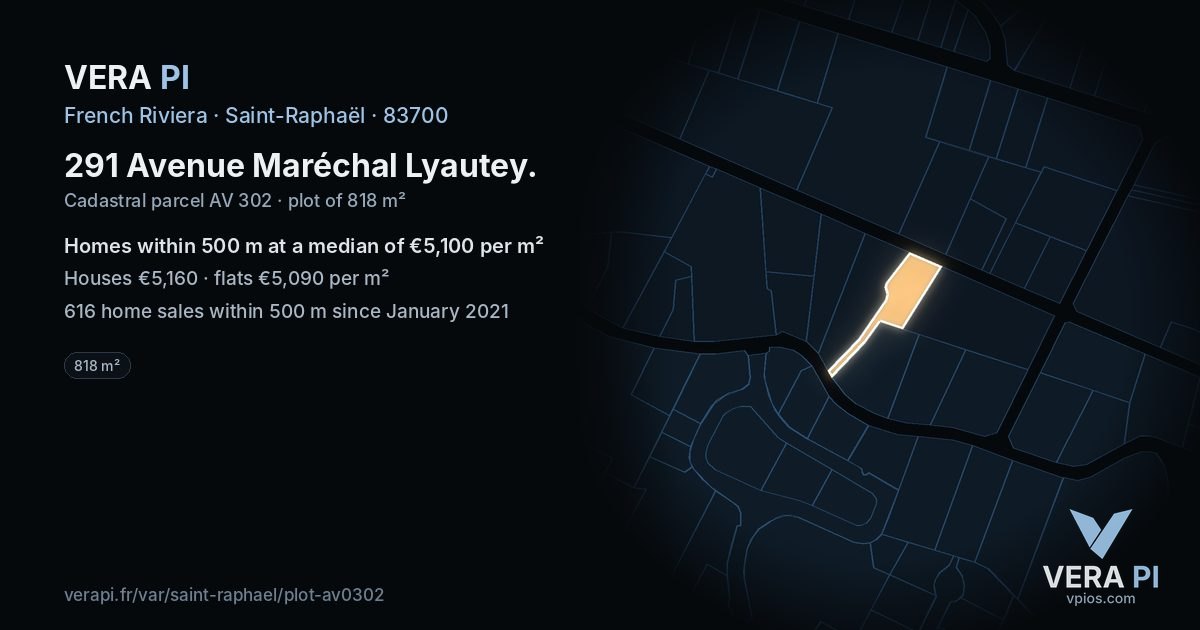 291 Avenue Maréchal Lyautey, Saint-Raphaël at night – the plot lit, the parcels around coloured by the prices near them