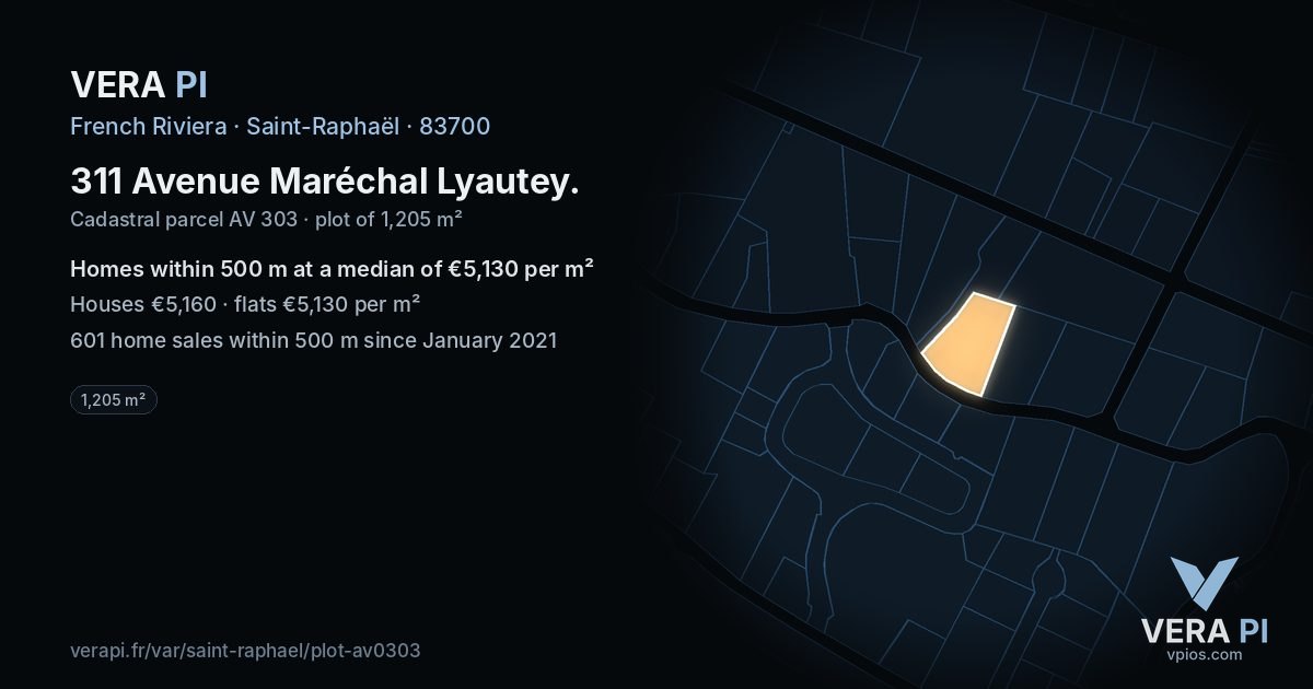 311 Avenue Maréchal Lyautey, Saint-Raphaël at night – the plot lit, the parcels around coloured by the prices near them