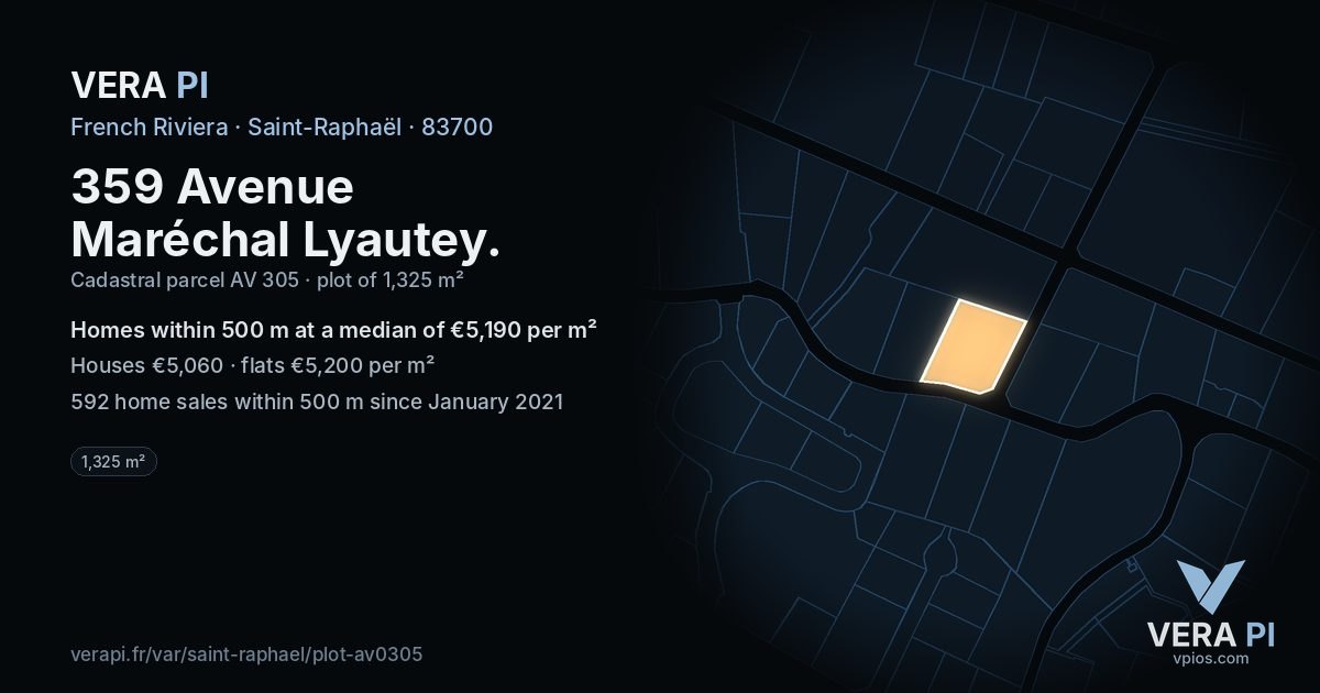 359 Avenue Maréchal Lyautey, Saint-Raphaël at night – the plot lit, the parcels around coloured by the prices near them