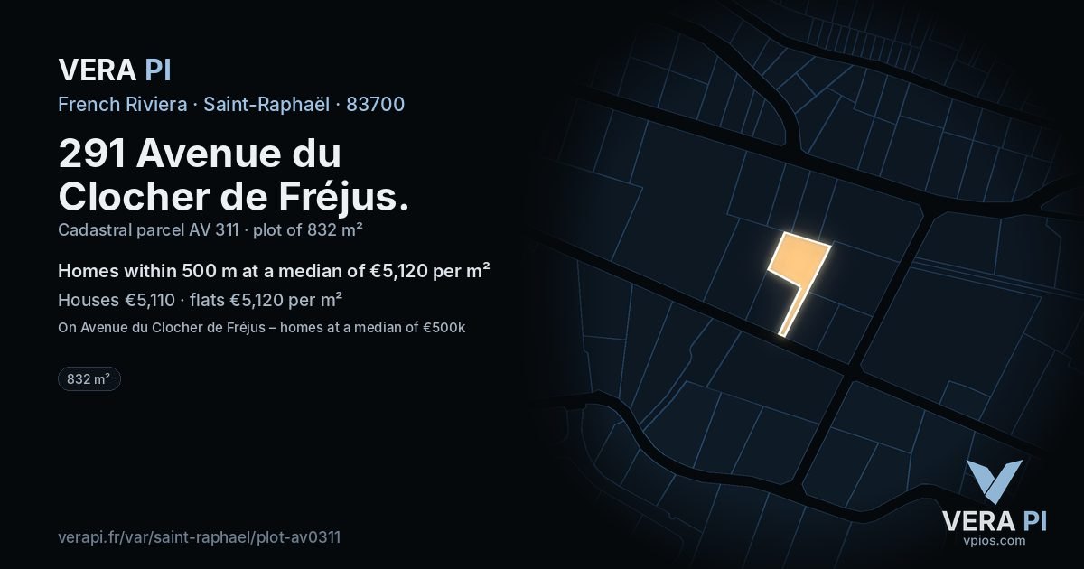 291 Avenue du Clocher de Fréjus, Saint-Raphaël at night – the plot lit, the parcels around coloured by the prices near them