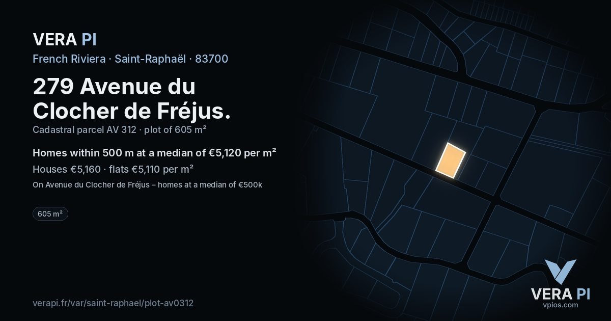 279 Avenue du Clocher de Fréjus, Saint-Raphaël at night – the plot lit, the parcels around coloured by the prices near them
