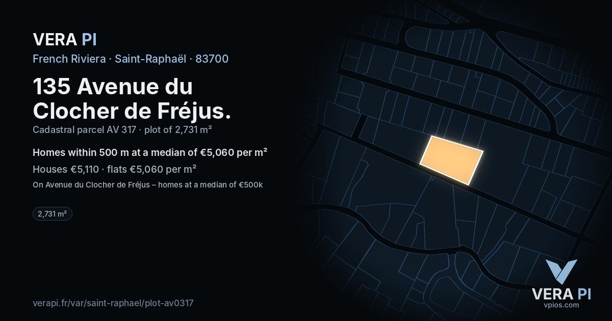 135 Avenue du Clocher de Fréjus, Saint-Raphaël at night – the plot lit, the parcels around coloured by the prices near them