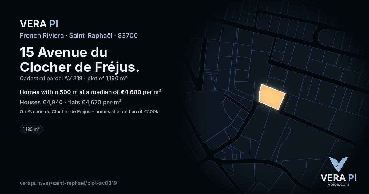 15 Avenue du Clocher de Fréjus, Saint-Raphaël at night – the plot lit, the parcels around coloured by the prices near them