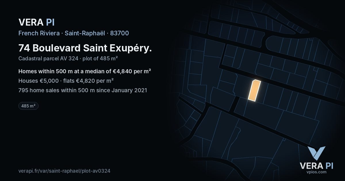 74 Boulevard Saint Exupéry, Saint-Raphaël at night – the plot lit, the parcels around coloured by the prices near them