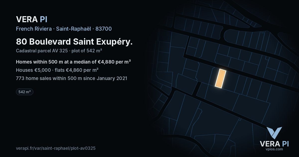 80 Boulevard Saint Exupéry, Saint-Raphaël at night – the plot lit, the parcels around coloured by the prices near them