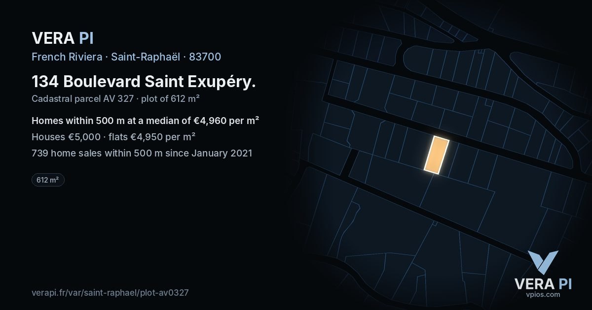 134 Boulevard Saint Exupéry, Saint-Raphaël at night – the plot lit, the parcels around coloured by the prices near them