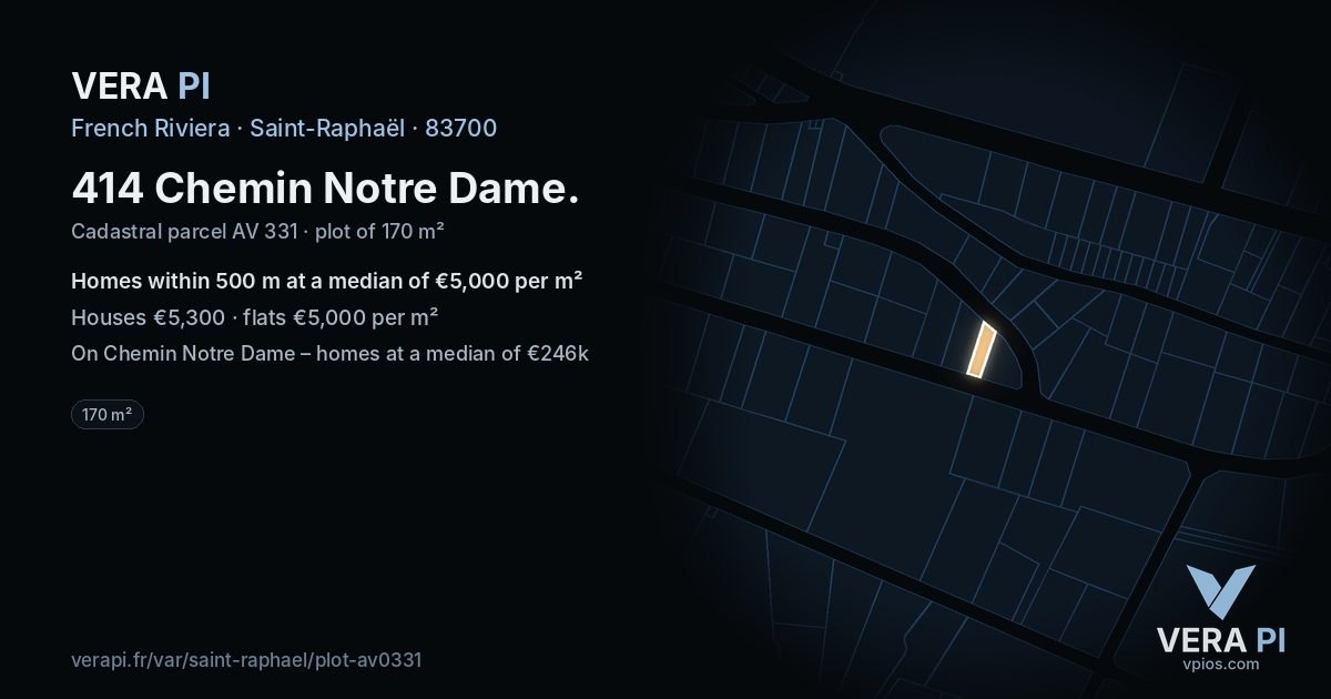 414 Chemin Notre Dame, Saint-Raphaël at night – the plot lit, the parcels around coloured by the prices near them