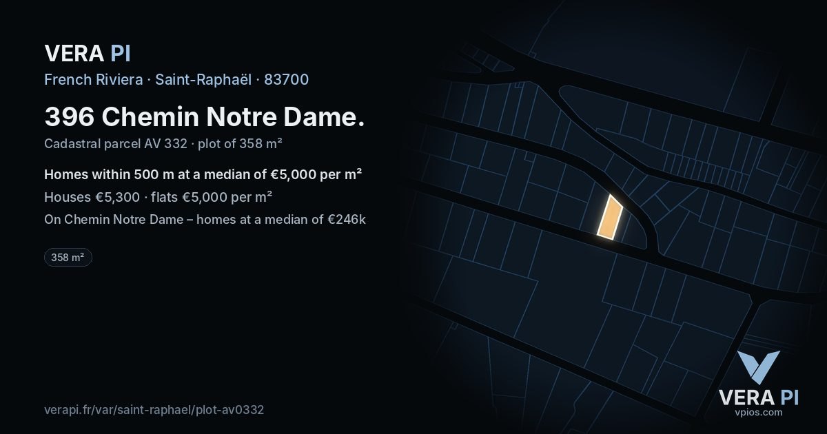 396 Chemin Notre Dame, Saint-Raphaël at night – the plot lit, the parcels around coloured by the prices near them
