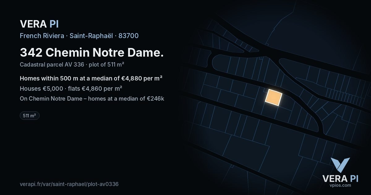 342 Chemin Notre Dame, Saint-Raphaël at night – the plot lit, the parcels around coloured by the prices near them