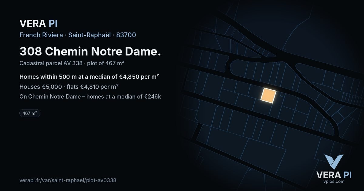 308 Chemin Notre Dame, Saint-Raphaël at night – the plot lit, the parcels around coloured by the prices near them