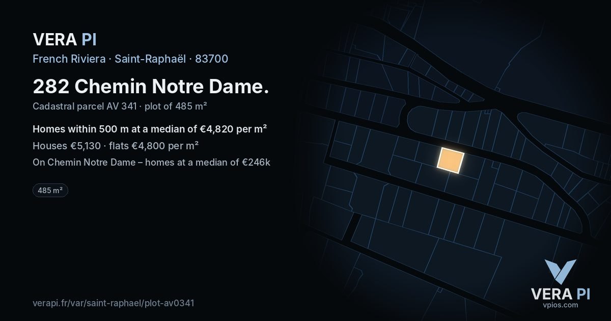 282 Chemin Notre Dame, Saint-Raphaël at night – the plot lit, the parcels around coloured by the prices near them