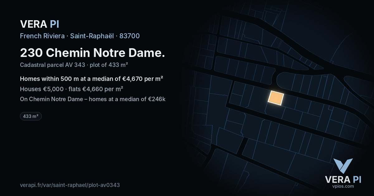 230 Chemin Notre Dame, Saint-Raphaël at night – the plot lit, the parcels around coloured by the prices near them