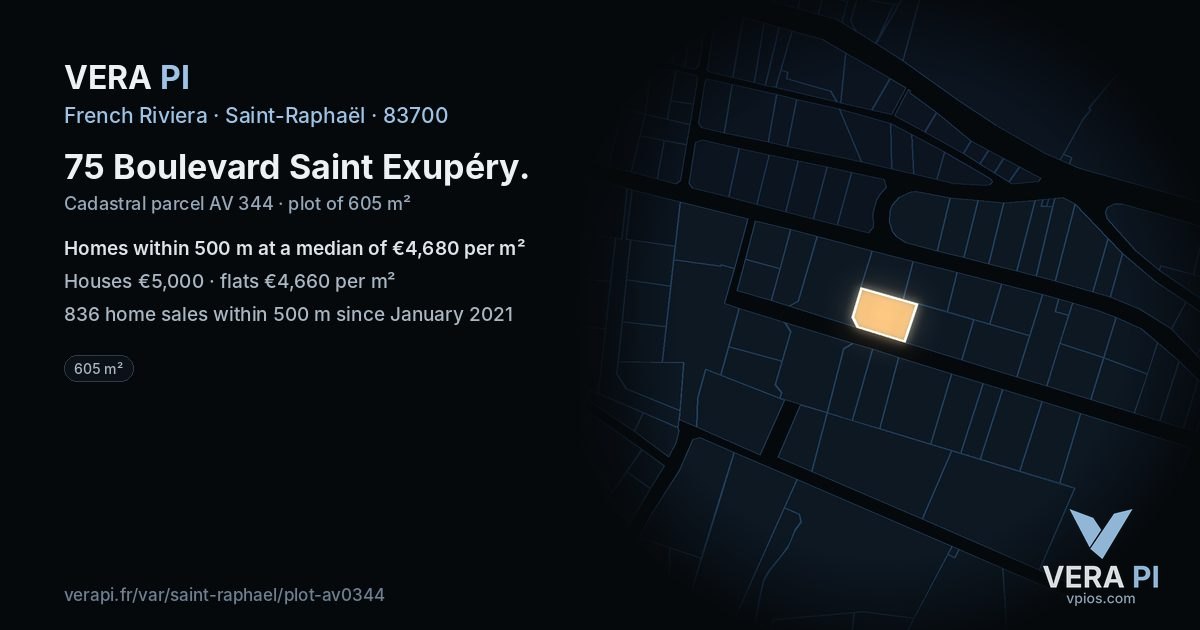 75 Boulevard Saint Exupéry, Saint-Raphaël at night – the plot lit, the parcels around coloured by the prices near them