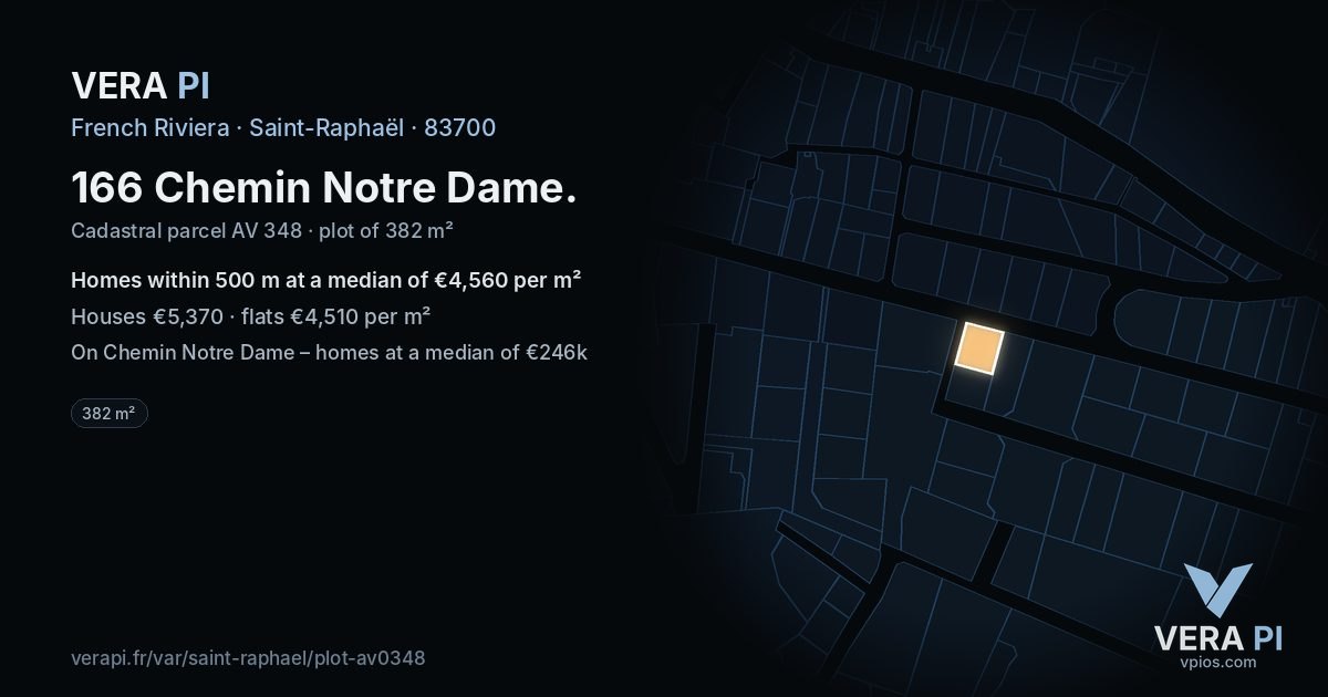 166 Chemin Notre Dame, Saint-Raphaël at night – the plot lit, the parcels around coloured by the prices near them