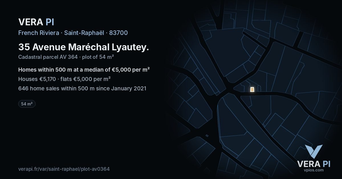 35 Avenue Maréchal Lyautey, Saint-Raphaël at night – the plot lit, the parcels around coloured by the prices near them