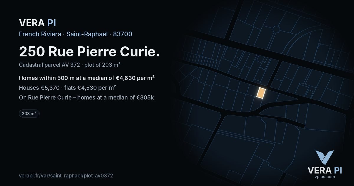 250 Rue Pierre Curie, Saint-Raphaël at night – the plot lit, the parcels around coloured by the prices near them