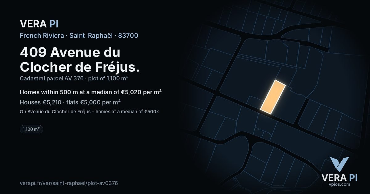 409 Avenue du Clocher de Fréjus, Saint-Raphaël at night – the plot lit, the parcels around coloured by the prices near them