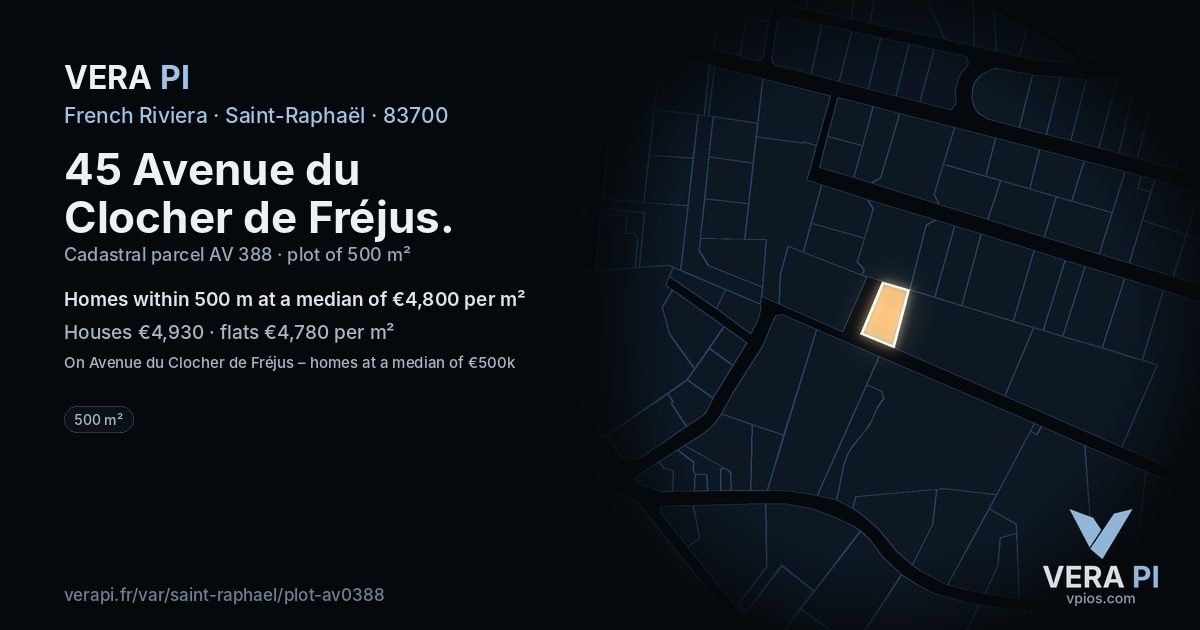 45 Avenue du Clocher de Fréjus, Saint-Raphaël at night – the plot lit, the parcels around coloured by the prices near them