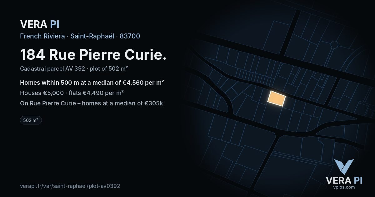 184 Rue Pierre Curie, Saint-Raphaël at night – the plot lit, the parcels around coloured by the prices near them
