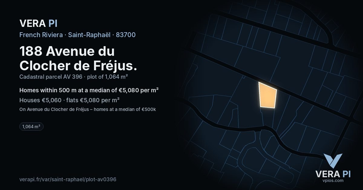 188 Avenue du Clocher de Fréjus, Saint-Raphaël at night – the plot lit, the parcels around coloured by the prices near them
