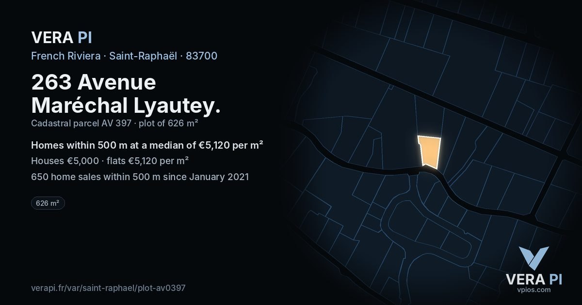 263 Avenue Maréchal Lyautey, Saint-Raphaël at night – the plot lit, the parcels around coloured by the prices near them