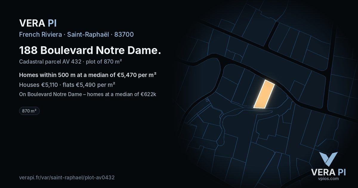 188 Boulevard Notre Dame, Saint-Raphaël at night – the plot lit, the parcels around coloured by the prices near them