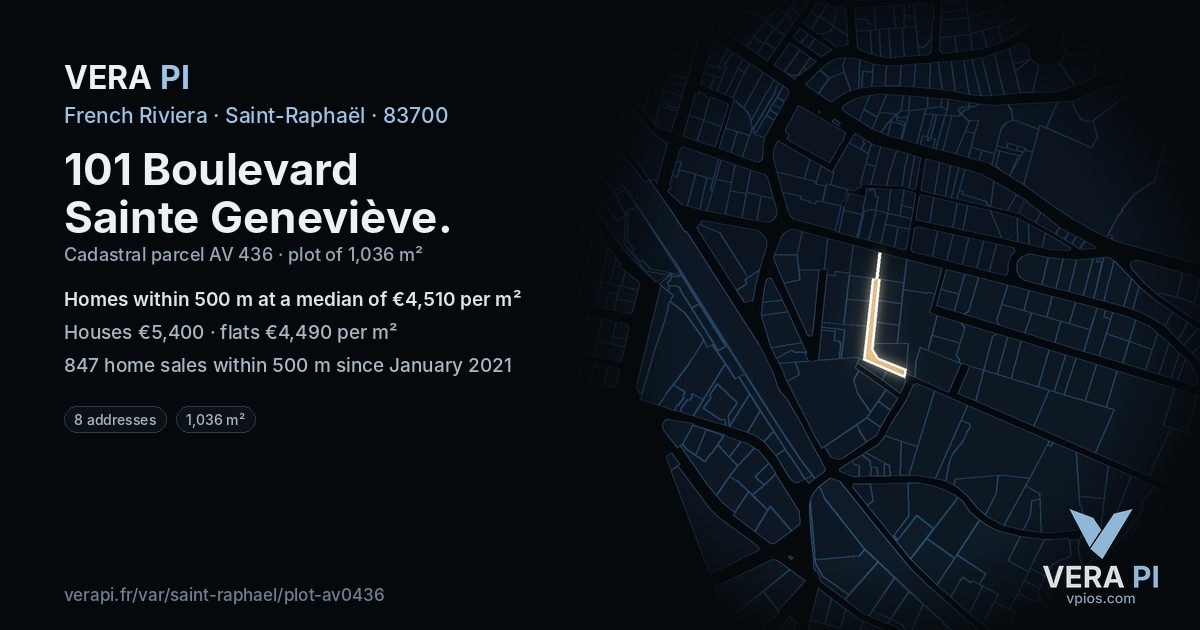 101 Boulevard Sainte Geneviève, Saint-Raphaël at night – the plot lit, the parcels around coloured by the prices near them