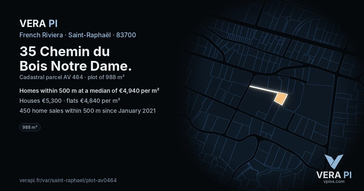 35 Chemin du Bois Notre Dame, Saint-Raphaël at night – the plot lit, the parcels around coloured by the prices near them
