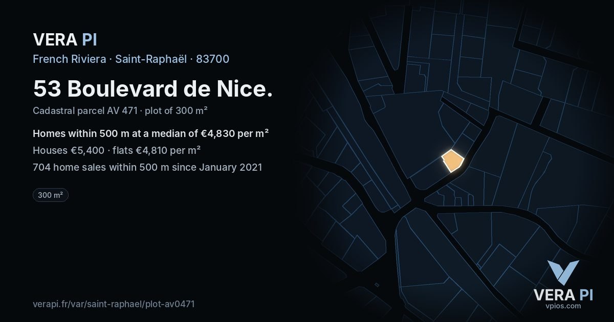 53 Boulevard de Nice, Saint-Raphaël at night – the plot lit, the parcels around coloured by the prices near them