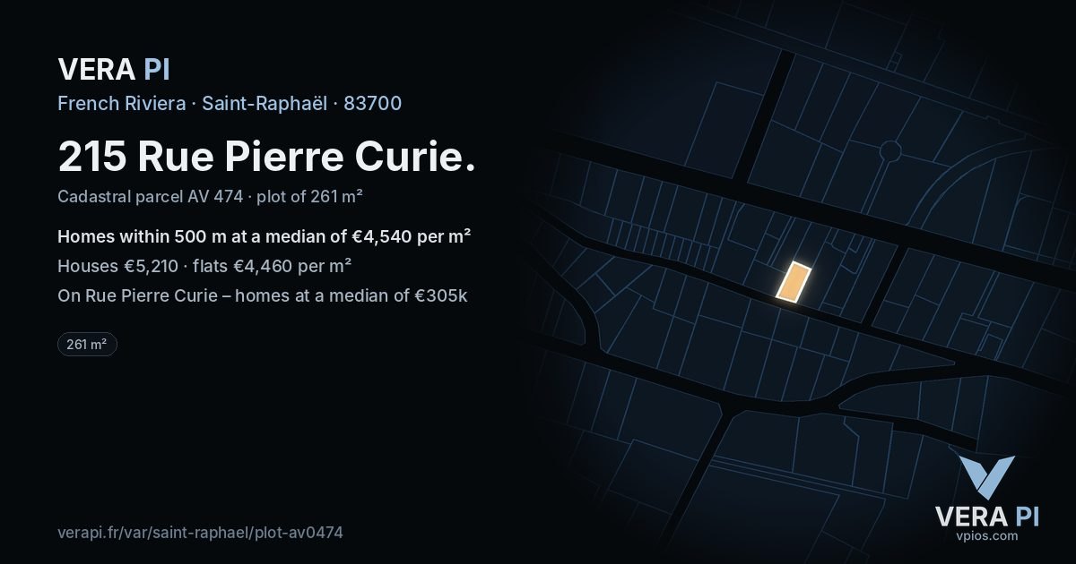 215 Rue Pierre Curie, Saint-Raphaël at night – the plot lit, the parcels around coloured by the prices near them