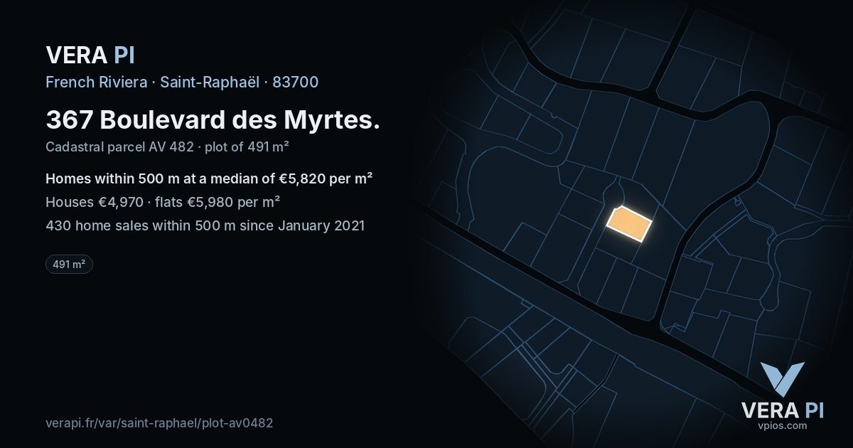 367 Boulevard des Myrtes, Saint-Raphaël at night – the plot lit, the parcels around coloured by the prices near them