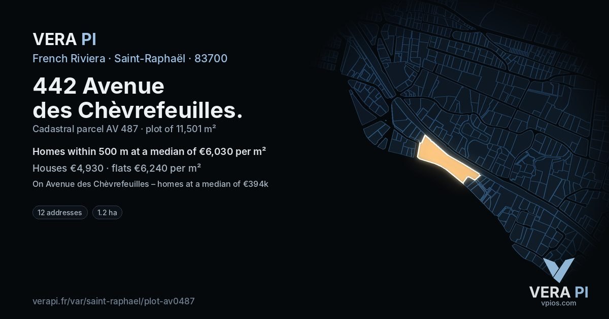 442 Avenue des Chèvrefeuilles, Saint-Raphaël at night – the plot lit, the parcels around coloured by the prices near them