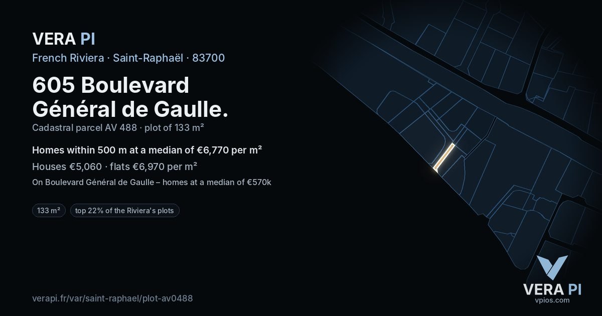 605 Boulevard Général de Gaulle, Saint-Raphaël at night – the plot lit, the parcels around coloured by the prices near them