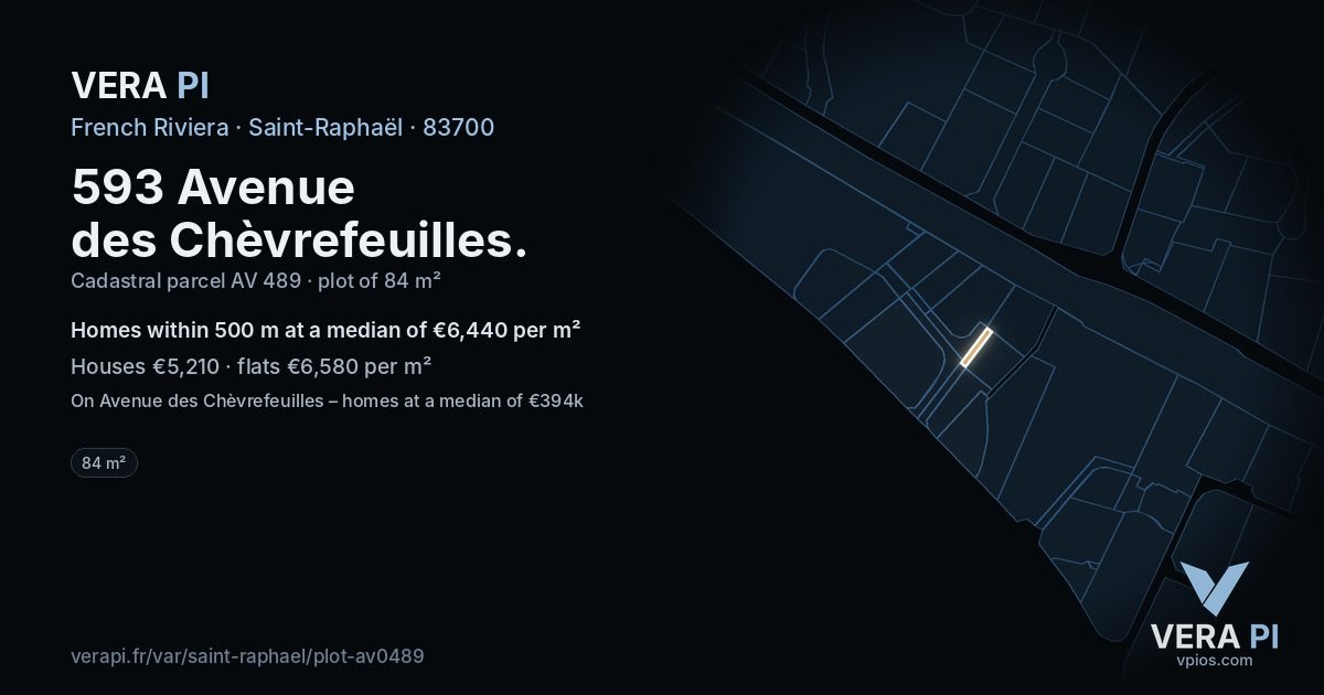 593 Avenue des Chèvrefeuilles, Saint-Raphaël at night – the plot lit, the parcels around coloured by the prices near them